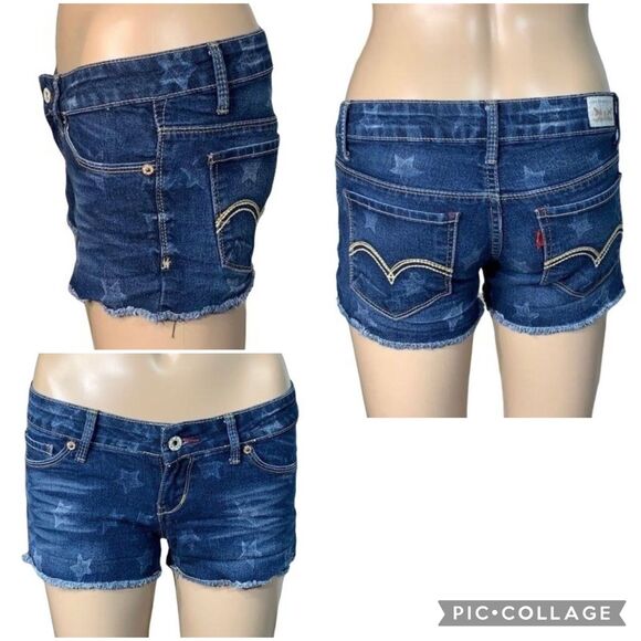 Levis Womens Denim Blue Jean Shorts Star Print Raw Hem Shorty Short Size 0 - Picture 1 of 10